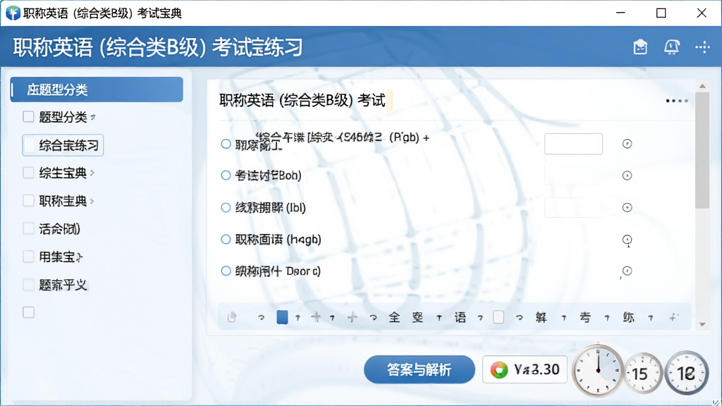 一张电脑屏幕截图,显示“职称英语 (综合类B级) 考试宝典”的题库练习界面,左侧是题型分类列表,右侧是题目和选项,底部有答案与解析按钮,界面风格清爽,排版整齐,细节有答题卡和计时器,画质清晰,干净,无多余元素