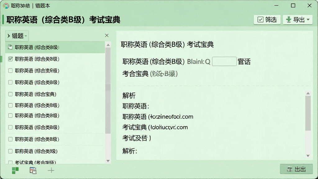 一张电脑桌面截图,展示“职称英语 (综合类B级) 考试宝典”的错题本界面,左侧为错题列表,右侧为题目详情和解析,界面采用淡绿色护眼背景,排版工整,细节有筛选按钮和导出功能,画质清晰,干净,无多余元素