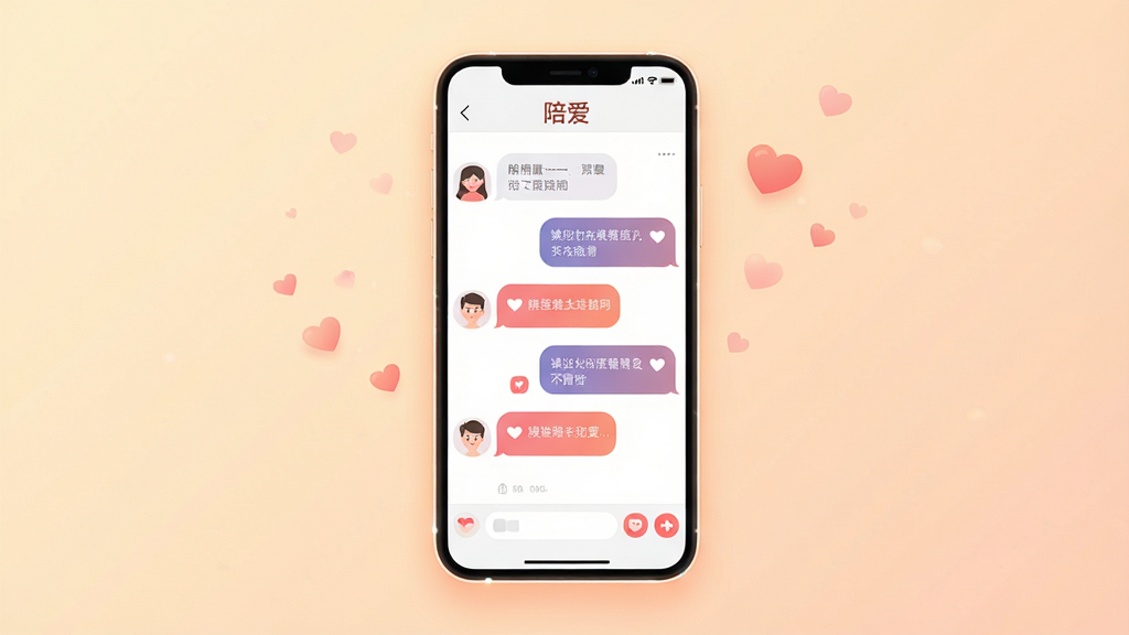 一张温馨的手机应用界面展示图,画面中央是陪爱APP的聊天界面,背景是柔和的暖色调,主体为一部智能手机悬浮在画面正中,手机屏幕内显示着情侣间的甜蜜对话气泡和爱心图标,布局采用居中对称式构图,排版简洁大方,风格为现代扁平化插画风,细节包括手机边缘的微光效果和背景中飘浮的淡淡爱心粒子,画质高清干净无多余元素,图片中文字显示“陪爱”