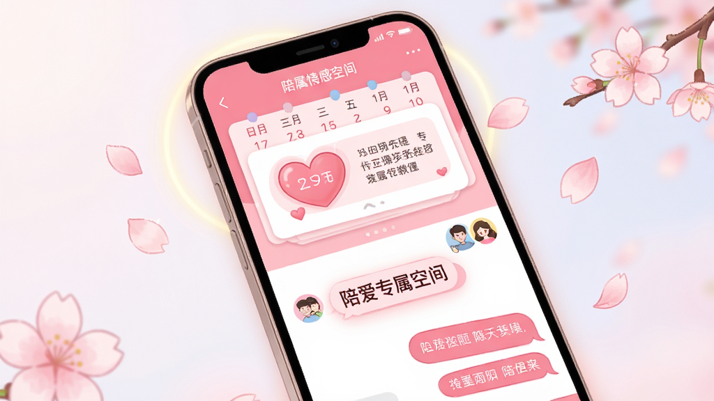 一张展示陪爱APP专属情感空间的界面图,画面主体是一个手机屏幕,屏幕内显示着粉色调的聊天界面,有爱心形状的日期提醒卡片和情侣头像,布局采用上下分层结构,上方为日历提醒区下方为对话气泡区,风格为甜美温馨的插画风,细节包括飘落的樱花花瓣和柔和的光晕效果,画质干净清晰,图片中文字标注“陪爱专属空间”