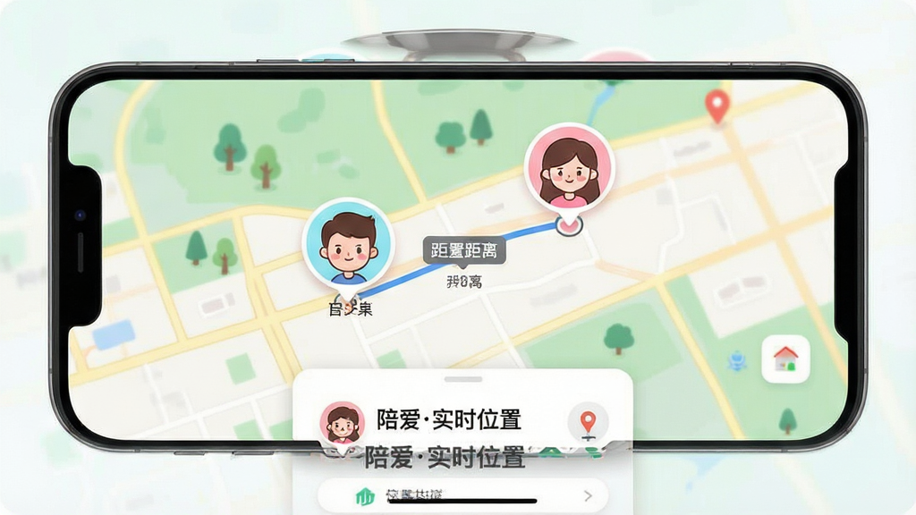 一张展示陪爱APP位置共享功能的界面图,画面主体为手机屏幕显示地图界面,地图上有两个可爱的卡通头像图标分别代表情侣双方,布局采用全屏地图覆盖加底部信息卡片的形式,风格为清新明快的插画风,细节包括地图上的路径连线和距离显示标签,画质高清干净无杂乱元素,图片中文字显示“陪爱实时位置”