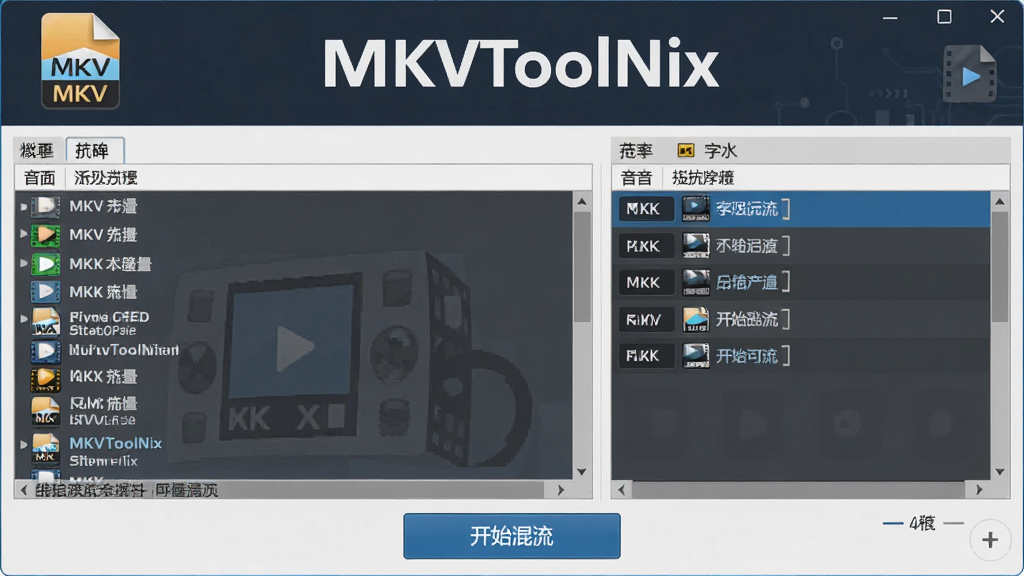 一张展示 MKVToolNix 软件核心全貌的图片,主体为软件主界面窗口,布局采用居中构图,左侧为输入文件列表,右侧为音轨字幕轨道面板,下方为开始混流按钮,排版清晰有序,风格为现代科技感扁平化设计,细节包含 MKV 格式图标与视频胶片元素,画质为 4K 超清,画面干净,无多余元素