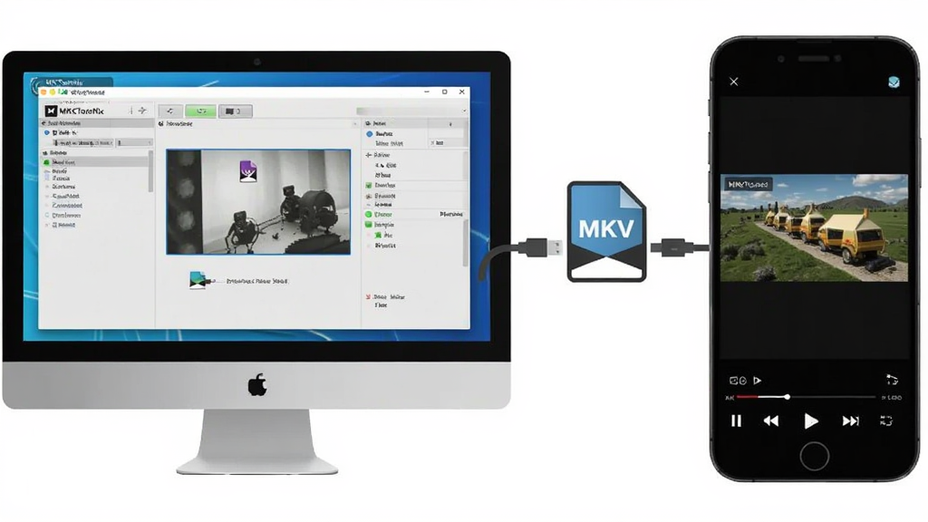 MKVToolNix 电脑端封装操作界面与移动端观看视频的对比示意图,主体为左侧电脑屏幕显示软件封装界面,右侧手机屏幕显示播放 MKV 视频,布局采用左右对比,排版清晰,风格为现代扁平化设计,细节包含数据线传输图标与 MKV 格式标志,画质为 4K 高清,画面干净,无多余元素
