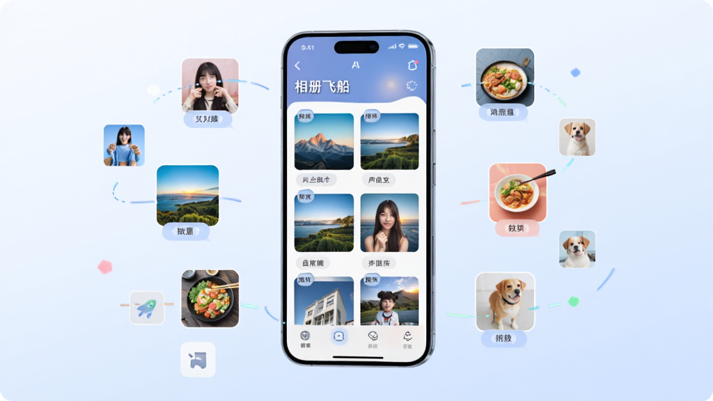 一部智能手机悬浮在画面中央,手机屏幕显示
