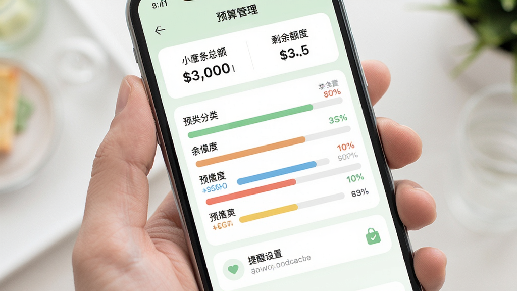 手机屏幕展示小薯条记账的预算管理页面,上方是月度预算总额和剩余额度,中部有彩色进度条显示各分类预算使用情况,底部有提醒设置选项,界面风格清新柔和,配色以浅绿和白色为主,画面干净,画质清晰