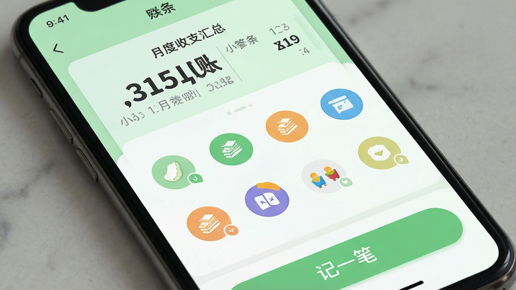一张手机屏幕展示小薯条记账应用主界面,画面中央是简洁的记账首页,上方显示月度收支汇总数字,中部为分类图标网格,底部有记一笔按钮,整体采用清新浅绿色调,扁平化UI风格,细节干净,画质清晰,无多余元素