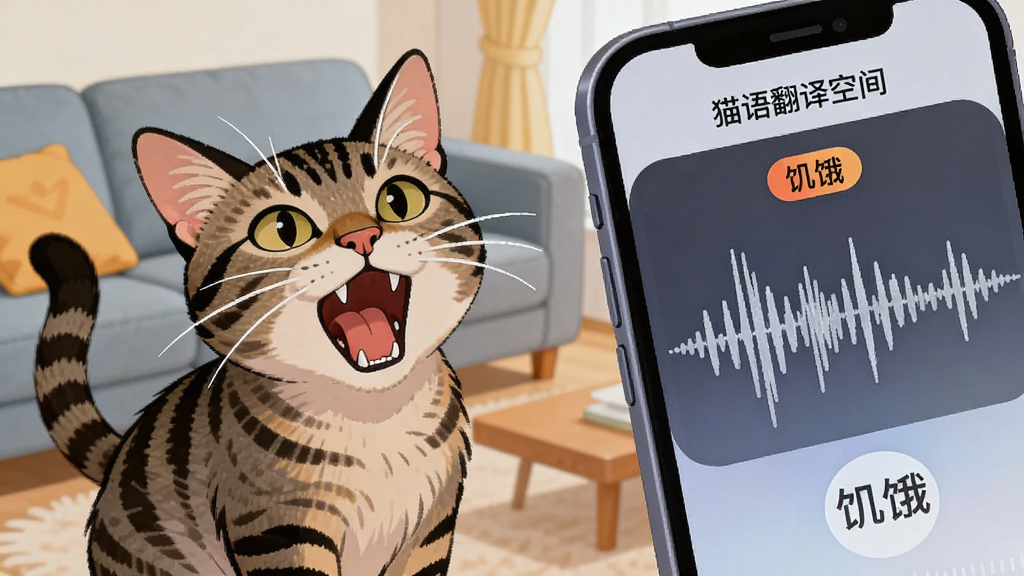 主体是一只正在张嘴叫的狸花猫和一部手机,布局为手机屏幕占据画面右侧,排版采用对角线构图,风格为明亮卡通插画,细节包括手机屏幕上显示声波波形和“饥饿”文字标签,背景是客厅沙发,画质清晰干净无多余元素,屏幕文字为“猫语翻译空间”