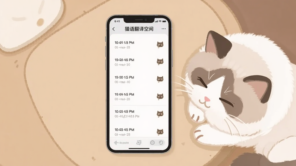 主体是一部手机显示历史记录列表,旁边有一只布偶猫趴在桌上,布局为手机居中、猫咪在侧,排版为纵向延伸,风格为柔和扁平插画,细节包括记录列表中有时间戳和猫叫图标、猫咪闭眼休息,画质清晰干净无多余元素,屏幕文字为“猫语翻译空间”