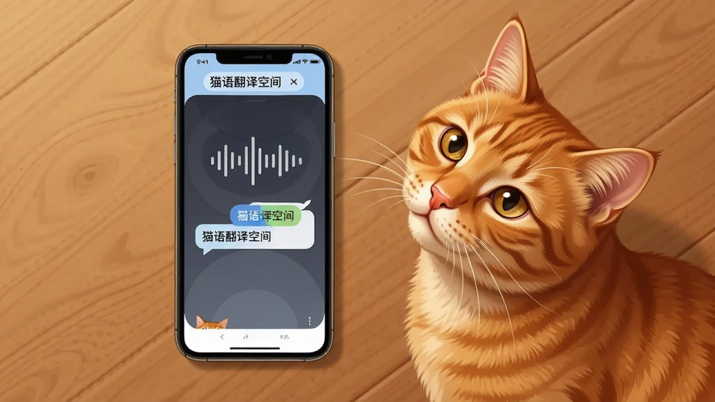 主体是一只橘猫和一部智能手机并排放在木桌上,手机屏幕显示猫语翻译空间的应用界面,布局采用左右对称构图,排版简洁居中,风格为温暖写实插画,细节包括猫咪歪头看向手机、屏幕上有声波图标和翻译文字气泡,画质清晰干净无多余元素,画面中文字为“猫语翻译空间”