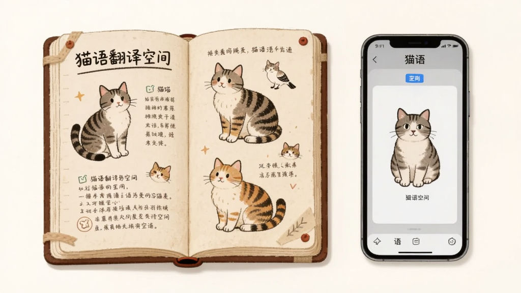 主体是一本翻开的猫咪图鉴和一部手机,布局为图鉴在左、手机在右,排版为居中对称,风格为复古手账插画,细节包括图鉴上有猫咪插画和文字说明、手机屏幕显示猫语翻译空间界面,画质清晰干净无多余元素,图鉴文字为“猫语翻译空间”