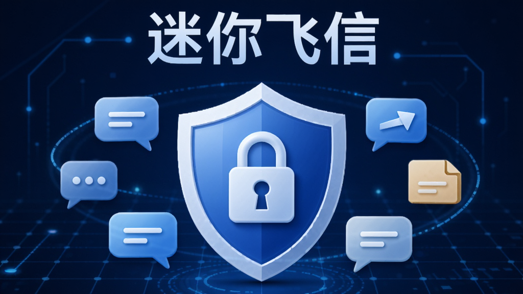 迷你飞信安全稳定的通信保障,画面中央是一个盾牌图标,盾牌内有锁形图案,盾牌周围环绕着聊天气泡和文件图标,背景是深蓝色科技网格,画面上方有“迷你飞信”文字,风格安全可靠,高清画质,干净无多余元素