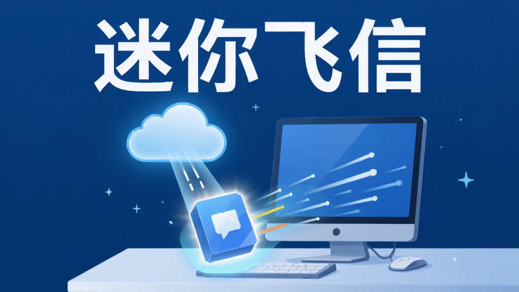 迷你飞信极速安装与轻量运行,画面中一个发光的软件安装包从云端快速落入电脑桌面,电脑旁有速度线条表示快速,背景是简洁的科技蓝,画面上方有“迷你飞信”文字,风格扁平化,高清画质,干净无多余元素