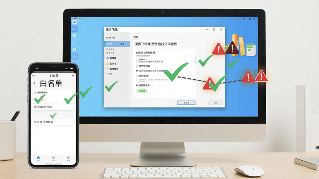 迷你飞信使用经验技巧示意图,画面中一台电脑屏幕显示迷你飞信设置界面,旁边有手机显示白名单设置,画面上有勾选标记和警示图标,背景是浅色办公桌面,风格清晰明了,高清画质,干净无多余元素