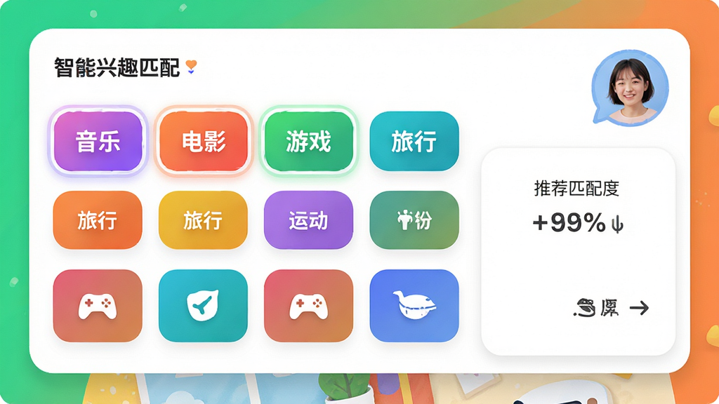 我秀视频聊天智能兴趣匹配界面,主体为兴趣标签选择面板,面板中排列着音乐、电影、游戏、旅行、运动等彩色标签按钮,布局为网格状,排版整齐,风格为活泼明快风,细节包含被选中的标签高亮效果、推荐匹配度百分比、用户头像气泡,画质为高清,干净无多余元素