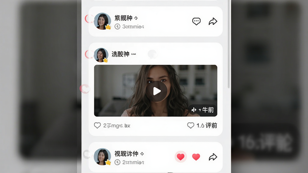 我秀视频聊天动态广场功能展示,主体为竖向滚动的图文动态流,每条动态包含用户头像、昵称、配图或短视频封面、点赞评论按钮,布局为单列卡片式,排版舒适,风格为现代社交风,细节包含点赞红心动画、评论气泡、分享图标、发布时间标签,画质为高清,干净无多余元素
