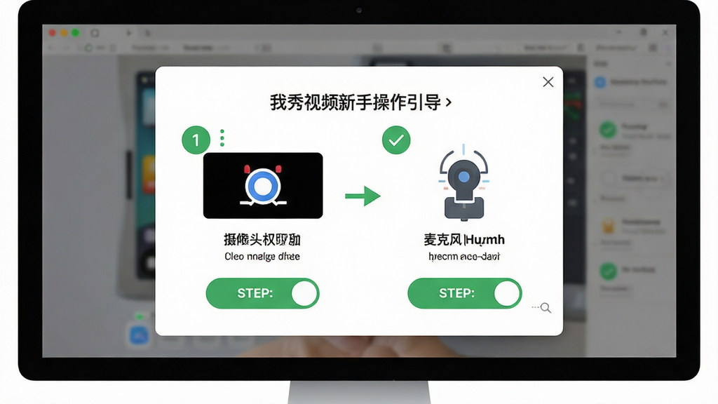 我秀视频聊天新手操作引导界面,主体为电脑屏幕上的分步操作提示弹窗,弹窗中显示摄像头权限开启示意图和麦克风设置步骤,布局为居中模态框,排版清晰,风格为扁平化引导风,细节包含步骤序号圆圈、绿色对勾图标、箭头指示、权限开关按钮,画质为高清,干净无多余元素