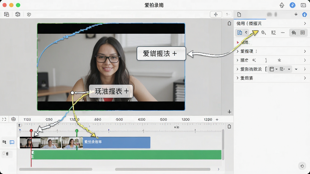 一张展示爱拍录屏编辑标注功能的示意图,画面中软件界面内显示视频轨道和标注工具面板,有箭头和文字框出现在录制画面上,风格简洁直观,布局清晰,画质干净,无多余元素