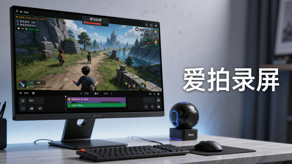 一幅展示爱拍录屏高清录制功能的AI生图,画面主体是一台显示器,屏幕上显示着游戏画面和录制状态栏,旁边有