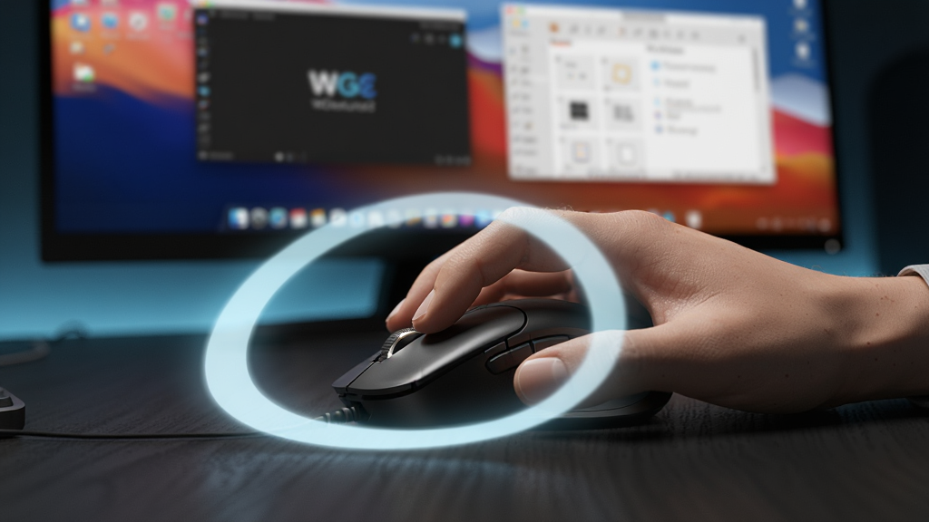 一张展示 WGestures2 会员版 全局手势识别功能的图片,画面中一只手握着鼠标在深色桌面上画出弧形轨迹,轨迹发出淡蓝色光效,背景是模糊的电脑屏幕,屏幕上隐约可见多个软件窗口,主体为鼠标与手势轨迹,布局为对角线构图,排版突出手势动作,风格为科技感写实渲染,细节包括鼠标按键高光、轨迹光晕、桌面纹理,画质高清,干净,无多余元素