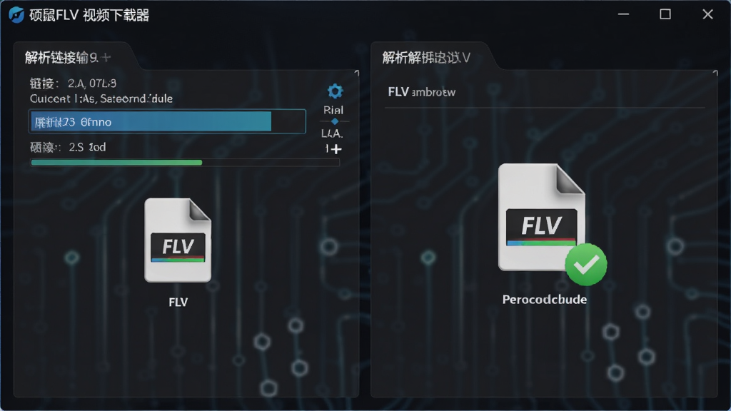 硕鼠FLV视频下载器FLV解析功能展示,主体为软件解析进度界面,布局为左侧链接输入区右侧解析结果展示区,排版左右分栏结构,风格为深色科技感界面,细节包括解析进度条、FLV文件图标、绿色成功标识,画质高清,画面干净,无多余元素
