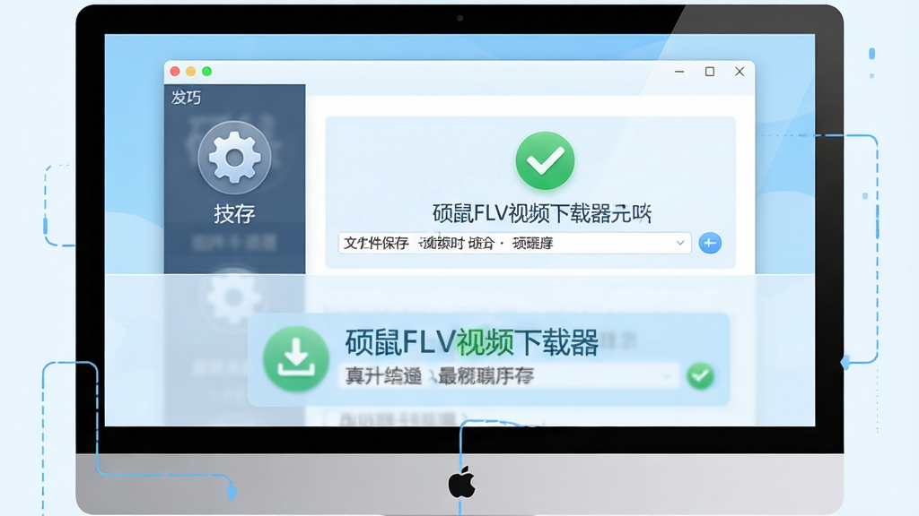 硕鼠FLV视频下载器使用技巧示意图,主体为电脑屏幕上的软件设置面板与下载完成提示,布局为上下两部分,排版清晰,风格为浅蓝清爽风,细节包括设置齿轮图标、下载完成绿色对勾、文件保存路径文字,画质高清,画面干净,无多余元素