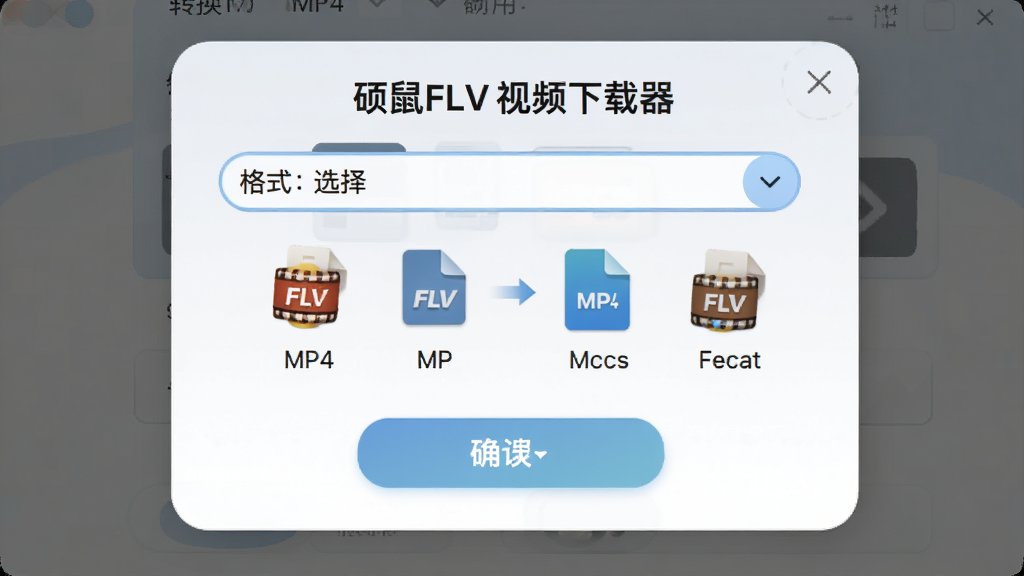 硕鼠FLV视频下载器格式转换功能展示,主体为格式选择下拉菜单与转换按钮,布局为居中弹窗式面板,排版上下结构,风格为柔和圆角设计,细节包括FLV到MP4的箭头示意、格式图标、确认按钮,画质高清,画面干净,无多余元素