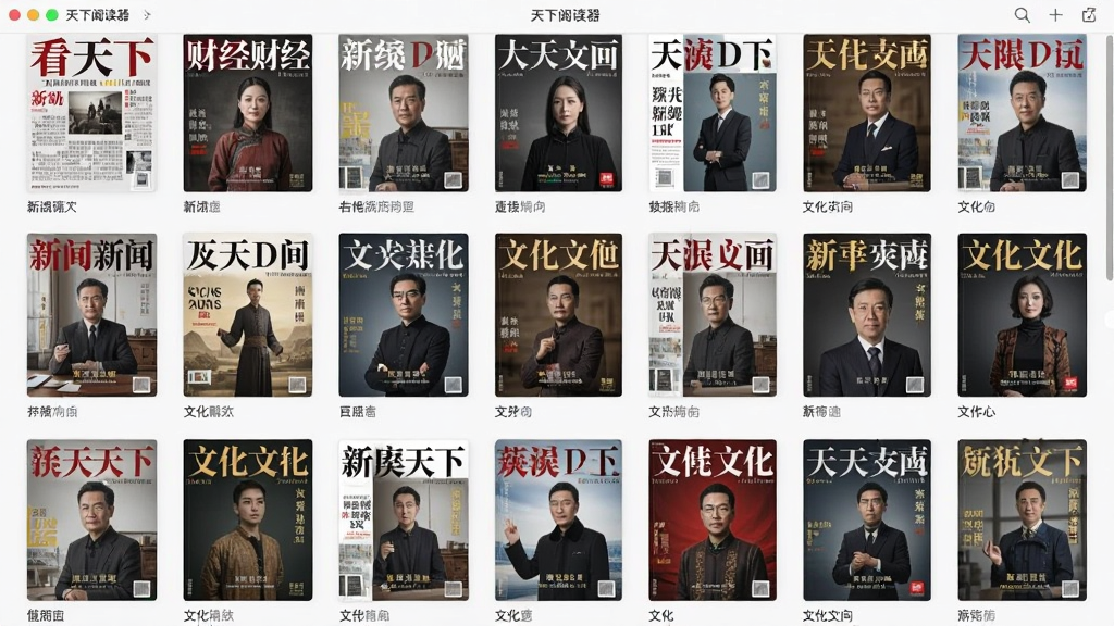 看天下阅读器软件内展示多本杂志封面墙的界面截图,封面排列整齐,包含新闻、财经、文化类刊物,界面干净,风格现代,画质清晰