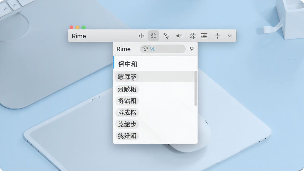 一款名为「Rime」的开源中文输入法软件界面展示,主体为简洁的白色候选框悬浮在淡蓝色桌面上,布局中央放置输入法状态栏与候选词列表,排版清晰,风格为现代简约科技感,细节包含「Rime」文字标识与中文候选词,画质高清,干净,无多余元素