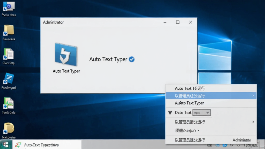 一张展示 Auto Text Typer 在 Windows 电脑上以管理员身份运行的图片,画面中右键菜单高亮显示