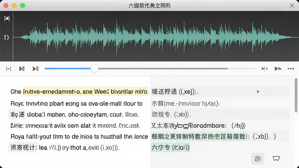 一张英语六级听力软件原文同步界面的图片,画面中央是软件窗口,窗口上半部分为音频波形,下半部分为英文原文与中文翻译对照,布局上下结构,风格为素雅极简,细节包括高亮当前句、滚动条、翻译标注,画质清晰,干净,无多余元素