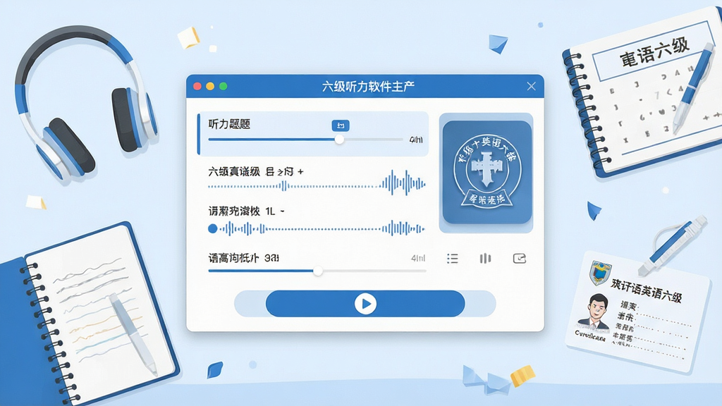一张展示英语六级听力软件主界面的图片,画面中央是软件窗口,窗口内显示听力真题列表与播放按钮,周围环绕耳机、笔记本、大学英语六级准考证等元素,布局居中对称,风格为现代扁平化设计,色调以蓝色和白色为主,细节包括进度条、音频波形图标,画质清晰,干净,无多余元素