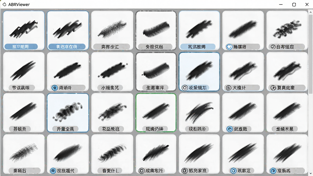 ABRViewer软件中笔刷缩略图网格预览界面,主体为多个不同形状的笔刷笔触图标,布局为整齐的网格排列,排版紧凑有序,风格为清爽浅色界面,细节包含笔刷名称标签和选中高亮效果,画质清晰,干净,无多余元素