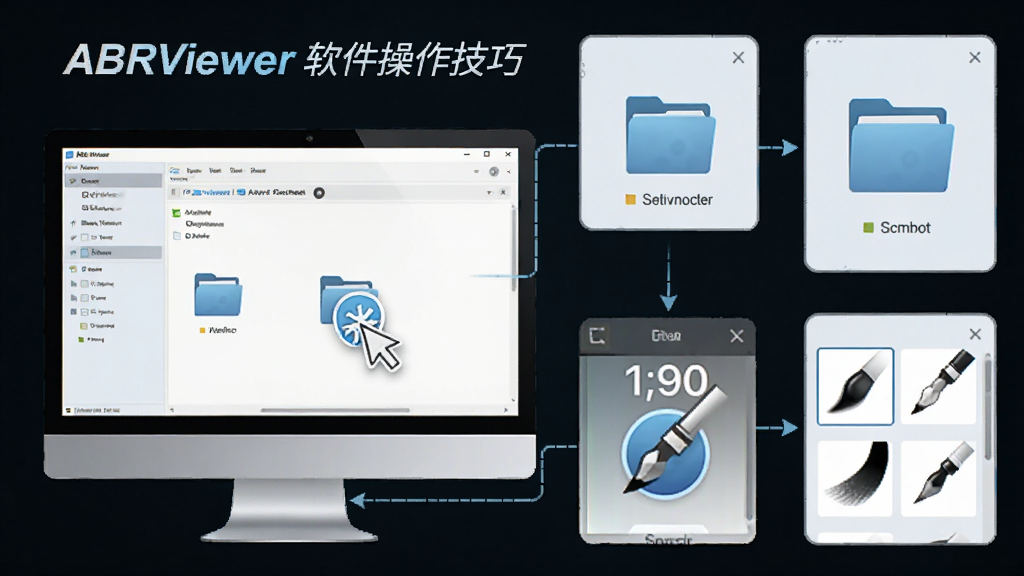 ABRViewer软件操作技巧示意图,主体为电脑屏幕与软件界面,布局为分步骤展示,排版清晰,风格为科技感浅色,细节包含鼠标点击图标、文件夹路径和笔刷缩略图,画质高清,干净,无多余元素