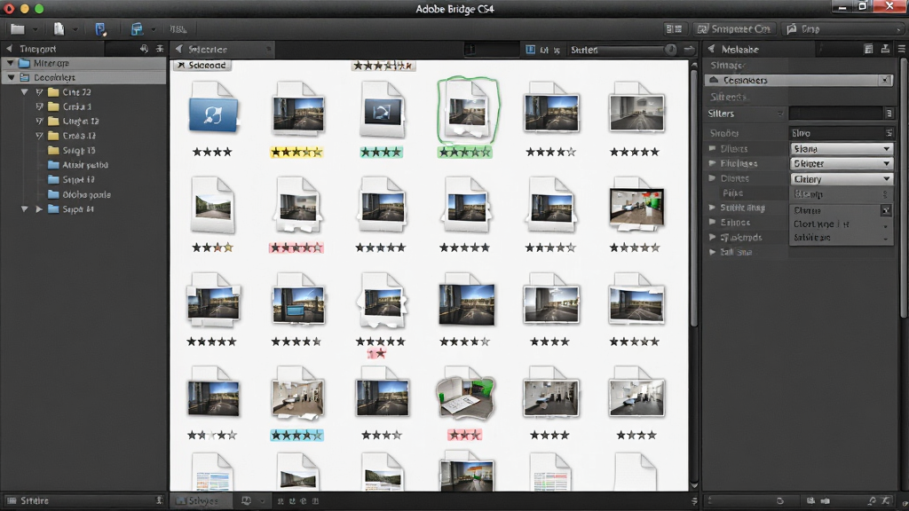 Adobe Bridge CS4 软件界面中展示集中化素材管理功能,主体为文件缩略图网格和筛选器面板,布局为左侧文件夹树、中央内容区、右侧元数据面板,排版紧凑合理,风格为现代办公软件风格,细节包括彩色标签、星级评级和下拉筛选菜单,画质高清,干净,无多余元素