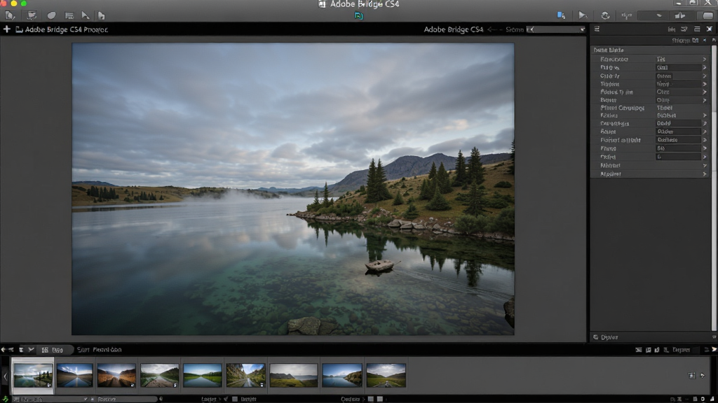 Adobe Bridge CS4 软件全屏预览专业图像效果,主体为一张高清摄影作品全屏显示,布局为居中大图预览,排版简洁,风格为专业摄影审阅界面,细节包括底部缩略图导航条和右侧元数据信息面板,画质高清,干净,无多余元素