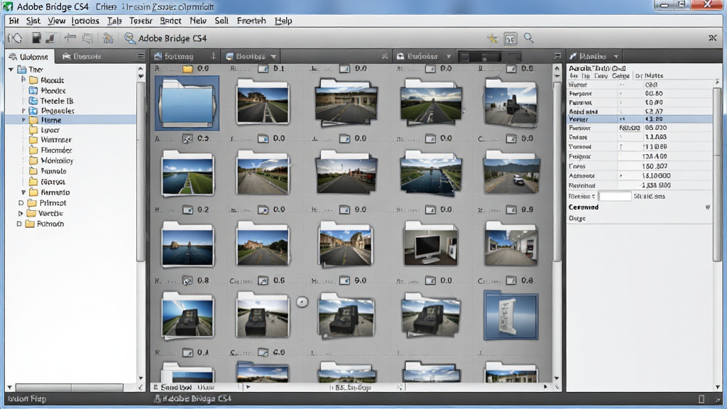Adobe Bridge CS4 软件启动界面全貌展示,主体为软件中央窗口和左侧文件夹面板,布局采用经典三栏式设计,排版整齐清晰,风格为专业科技感,细节包括缩略图网格、菜单栏和元数据面板,画质高清,干净,无多余元素