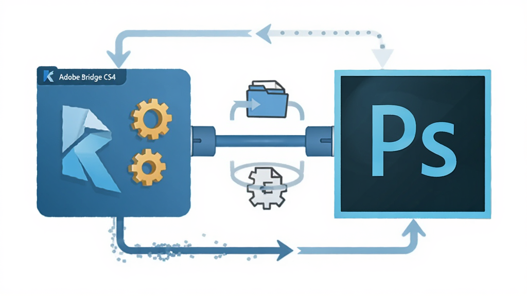 Adobe Bridge CS4 软件与 Adobe Photoshop 软件图标连接协作的概念图,主体为 Bridge 图标与 Ps 图标通过数据线相连,布局为左右对称,排版居中,风格为扁平化科技插画,细节包括齿轮、箭头和文件传输符号,画质高清,干净,无多余元素
