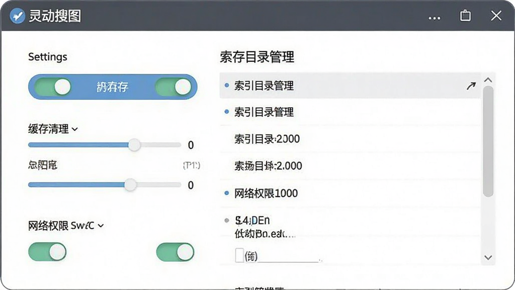 一张展示灵动搜图软件设置界面的截图风格插图,画面中包含缓存清理按钮、索引目录管理列表和网络权限开关,布局为设置面板样式,风格简洁实用,细节包含开关按钮、进度条和文字标签,画质高清,干净无多余元素