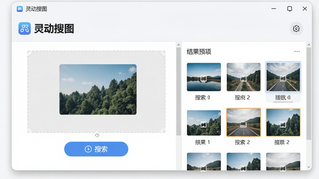 一张干净的软件界面展示图,画面中央是灵动搜图的程序主窗口,窗口内包含图片拖拽区域、搜索按钮和结果预览面板,整体采用浅色现代风格,排版简洁清晰,界面中文字使用中文,主体突出灵动搜图软件名称,细节包含图标、按钮和缩略图网格,画质高清,干净无多余元素