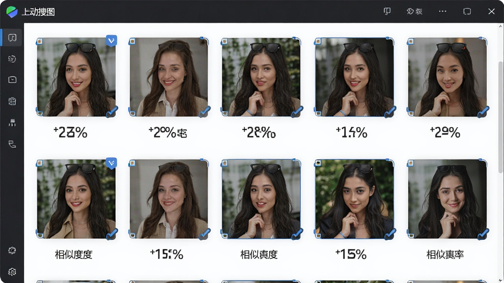 一张展示相似图片识别功能的示意图,画面中灵动搜图软件界面内并排显示多张相似图片,每张图片下方有相似度百分比标签,布局为横向对比排列,风格干净直观,细节包含图片边框、匹配标记和百分比数字,画质高清,干净无多余元素