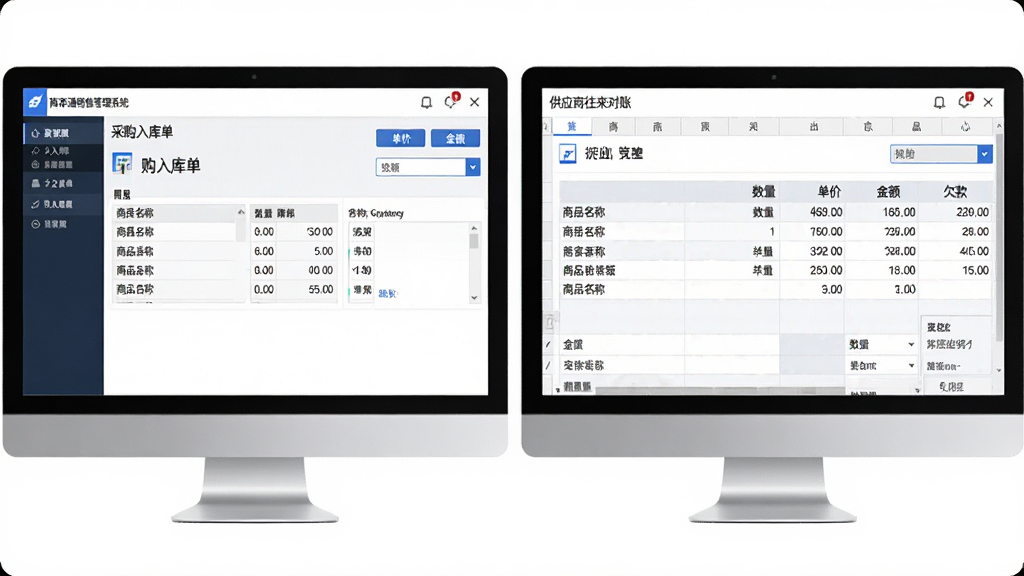 功能展示图,画面左侧为管家通商品销售管理系统的采购入库单界面,右侧为供应商往来对账表格,屏幕中可见商品名称、数量、单价、金额与欠款数据,主体为软件操作界面,布局左右分栏,排版整齐清晰,风格为商务科技感,细节包含数字表格、按钮、下拉菜单,画质高清,干净,无多余元素