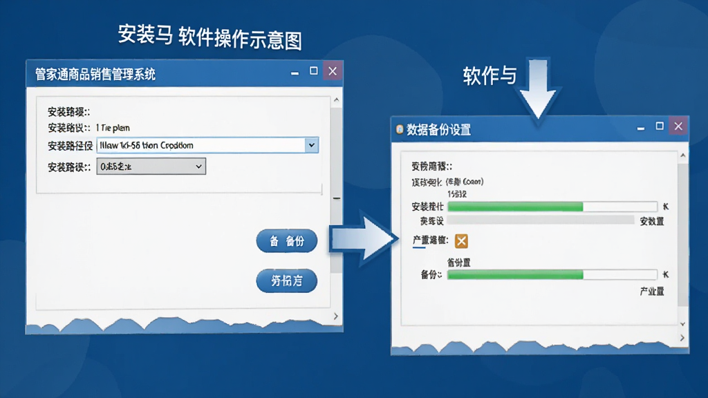 软件操作示意图,画面为管家通商品销售管理系统的安装向导界面与数据备份设置窗口,旁边有箭头标注操作步骤,主体为软件安装与设置界面,布局为上下排列,排版清晰,风格为简洁实用商务,细节包含安装路径选择框、备份按钮、进度条,画质高清,干净,无多余元素