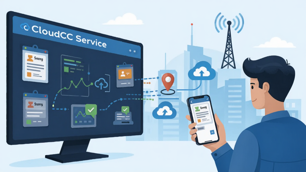 一幅描绘 CloudCC Service 核心功能的插画,画面左侧是调度中心的大屏幕,右侧是工程师手持手机接收工单,中间用数据流线条连接,背景包含城市建筑和信号塔,风格为现代科技感扁平插画,细节有工单图标、定位图钉、云同步符号,画质清晰,干净,无多余元素