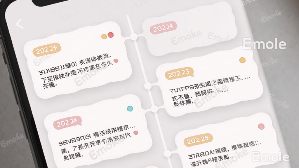 Emoke 时间轴回顾页面,主体为手机屏幕竖版展示,布局为纵向时间线串联多条日记卡片,排版错落有致,风格为柔和圆角卡片风,细节包含日期小标签、彩色情绪圆点、简短文字摘要、Emoke 应用名称水印,画质清晰干净,无多余元素