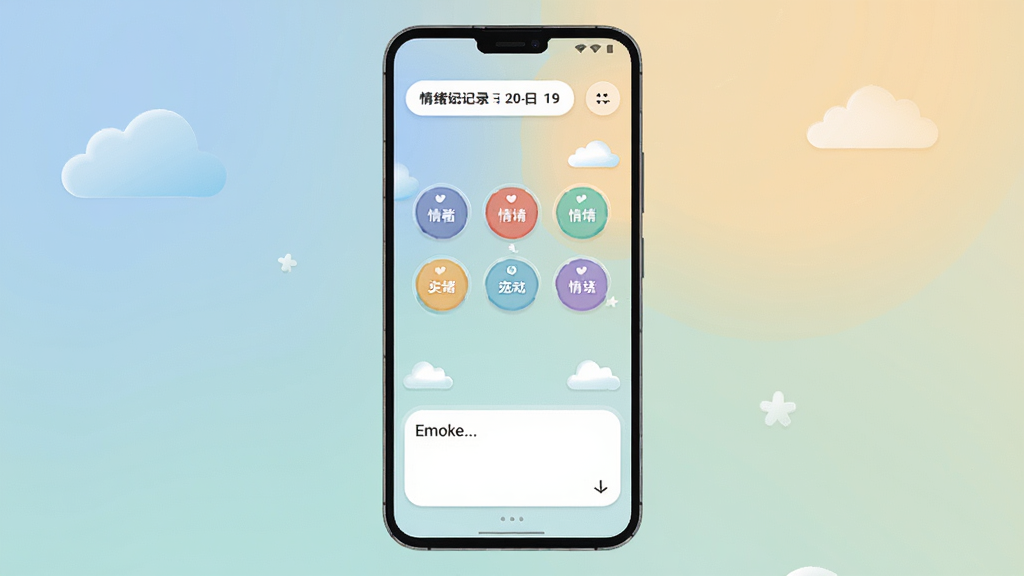 Emoke 手机应用界面展示,主体是一部竖屏安卓手机,屏幕中央显示 Emoke 情绪记录日记主页面,页面布局包含顶部日期栏、中部情绪标签圆形按钮和底部文字输入框,排版简洁留白充足,风格为治愈系扁平插画风,细节包含柔和渐变背景、圆角卡片、小云朵装饰图标,画质清晰干净,无多余元素