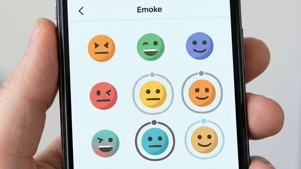Emoke 情绪标签选择界面,主体为手机屏幕特写,布局为九宫格情绪图标阵列,排版居中对称,风格为清新浅色扁平风,细节包含不同颜色圆形表情、选中高亮描边、顶部 Emoke 小字标识,画质清晰干净,无多余元素