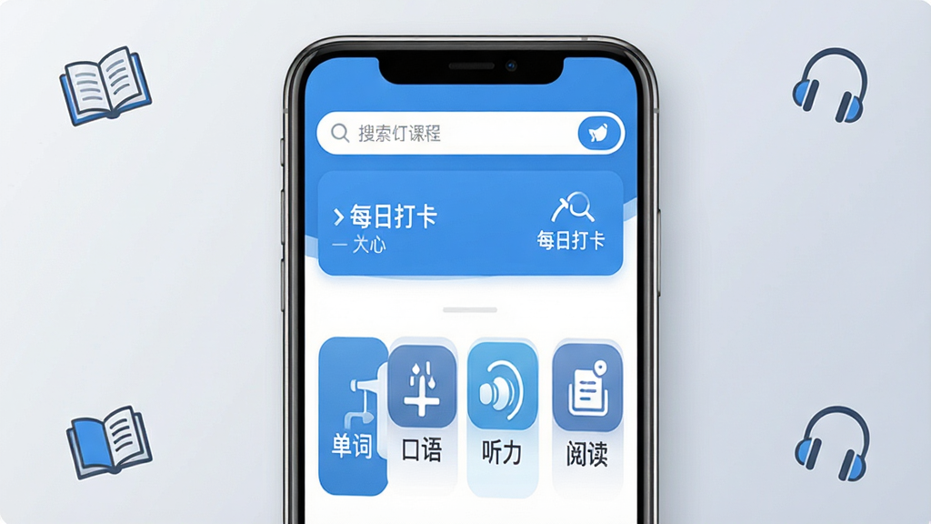 一张展示阿美英语手机应用主界面的图片,画面中央是一部智能手机,屏幕显示阿美英语APP的课程列表页面,上方有搜索栏和每日打卡入口,下方排列着单词、口语、听力、阅读等功能模块图标。整体布局简洁清晰,采用蓝白配色风格,背景为柔和的浅灰色渐变,周围点缀书本和耳机的小图标作为装饰。画质清晰,干净明亮,无多余元素。