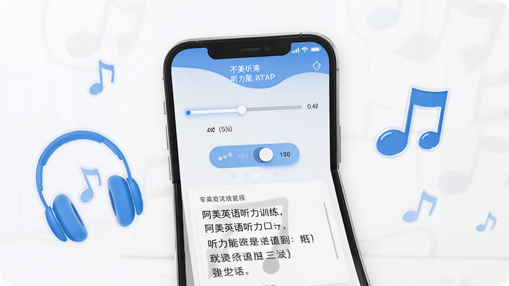 一张展示阿美英语听力训练功能的图片,画面中央是一部手机,屏幕显示听力播放界面,有播放进度条、语速调节按钮和听力原文对照区域。手机旁边有耳机和音符图标装饰。整体风格清爽简约,蓝白配色,背景干净明亮,画质高清,无多余元素。