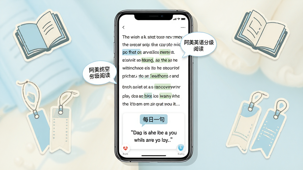一张展示阿美英语分级阅读与每日一句功能的图片,画面中央是一部手机,屏幕显示一篇英文短文,文中有高亮标注的生词和翻译气泡,下方有