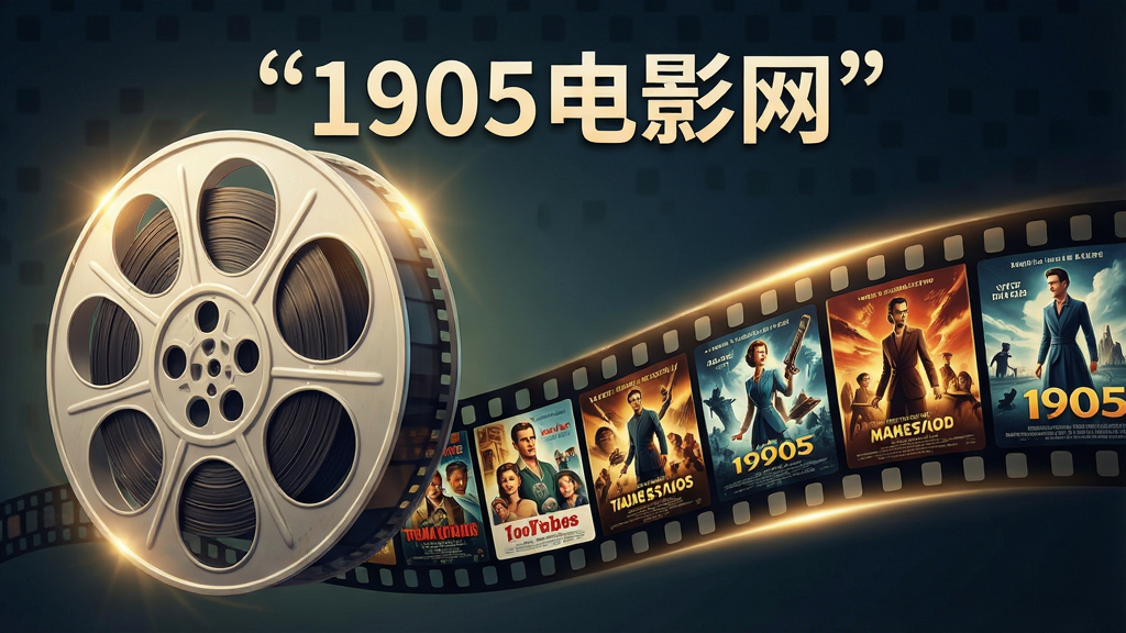 一张以1905电影网海量影视资源为主题的AI生成图,画面主体是一个巨大的电影胶片卷轴,胶片上印有各种电影海报缩略图,胶片从左侧延伸至右侧,上方用引号标注“1905电影网”文字,布局采用横向展开,排版错落有致,风格偏向复古电影与现代科技结合,细节包含胶片齿孔、光晕效果、影片封面,画质高清,干净无杂物